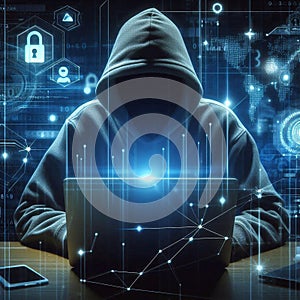 Cyber attack and cyber security concepts. Abstract hacker with laptop on technological dark background. Generated AI