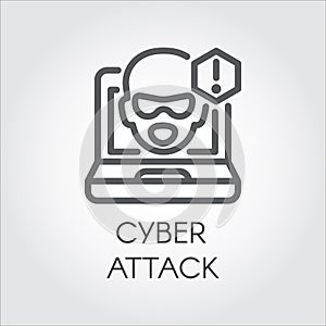 Cyber attack line icon. Virtual hacking PC, laptop and software linear label. Face from monitor and exclamation point