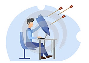 Cyber attack protection, strong businessman holding shield to protect from big arrow to attack his computer, protecting from