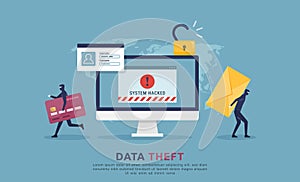 Cyber attack security and data theft activity concept, confidential or financial information stealing from computer with warning
