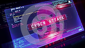 Cyber attack with skull symbol alert on screen