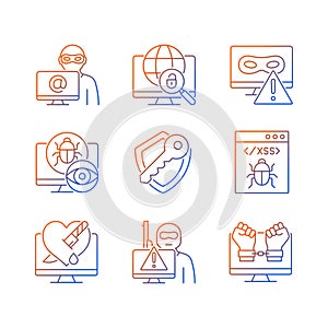 Cyber attacks types gradient linear vector icons set