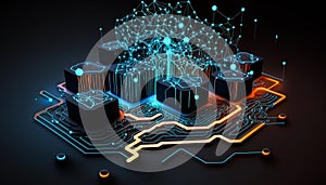 Cyber big data flow. Blockchain data fields. Network line connect stream.