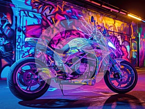 Cyber bike parked by UV graffiti mural