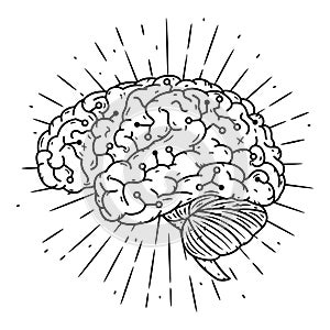 Cyber brain. Hand drawn vector illustration with brain and divergent rays. Used for poster, banner, web, t-shirt print, bag print