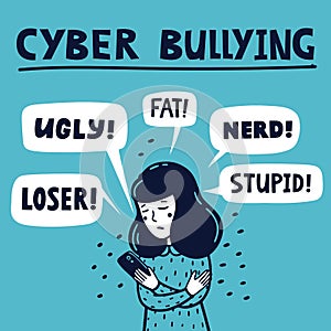 Cyber bulling vector concept. Sad girl reading mean abusive text messages on her phone. Doodle style vector illustration photo