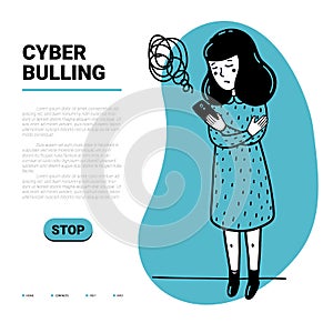 Cyber bulling web template. Sad girl reading mean abusive text messages on her phone and place for text. Flat style photo