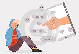 Cyber bullying or abuse from computer. Teenager depression, online socializing problems. Social verbal violence
