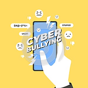 Cyber bullying concept. Hands holding smart phone with cyber bullying message.