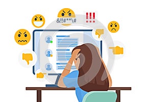 Cyber bullying people vector illustration, cartoon flat sad young bullied girl character sitting in front of computer