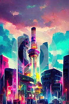 Cyber City, Neon, colorful. Skyscraper reaching into the clouds.