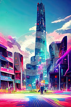 Cyber City, Neon, colorful. Skyscraper reaching into the clouds.