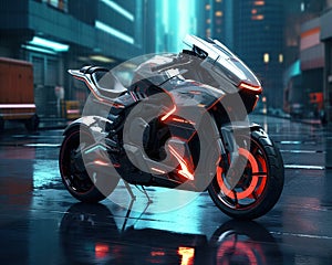 Cyber city scene with a parked bike.