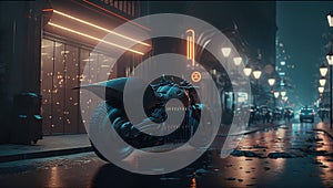 Cyber city scene with parked futuristic bike, sports motorcycle, generative AI