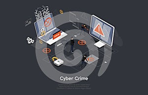 Cyber Crime Conceptual Art On Dark Background. Vector Illustration In Cartoon 3D Style, Isometric Design. People In