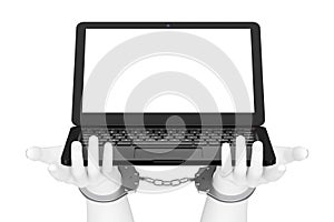 Cyber Crime and Law Concept. White Abstract Hands in Handcuffs and Modern Laptop with Blank Screen for Your Design. 3d Rendering