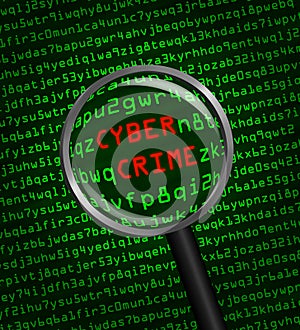 Cyber Crime revealed in computer machine code through a magnifying glass