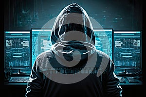 Cyber Criminal Hacking System, Hacker At Monitors Back View - Generative AI