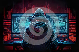 Cyber Criminal Hacking System, Hacker At Monitors Back View - Generative AI