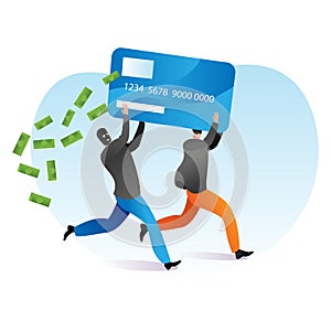 Cyber criminal offence steal money, person male hacker together hold banking debit card flat vector illustration