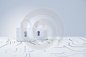 Cyber data, privacy and network protection concept with padlocks binary code printed on circuit surface and abstract light
