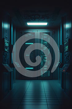 Cyber data server racks room with big data computer center. Blue corridor interior for hosting storage hardware system