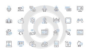 Cyber defense line icons collection. Encryption, Firewall, Malware, Hacking, Cybersecurity, Cyberthreat, Phishing vector photo