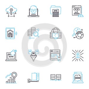 Cyber defense linear icons set. Encryption, Firewall, Malware, Hacking, Antivirus, Intrusion, Cybercrime line vector and