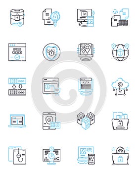 Cyber defense linear icons set. Encryption, Firewall, Malware, Hacking, Antivirus, Intrusion, Cybercrime line vector and