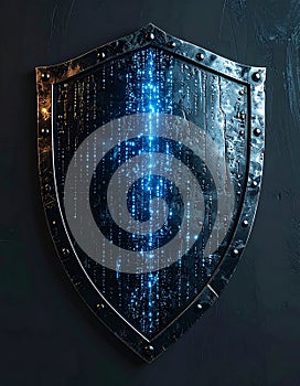 Cyber Defense Shield with Glowing Digital Code