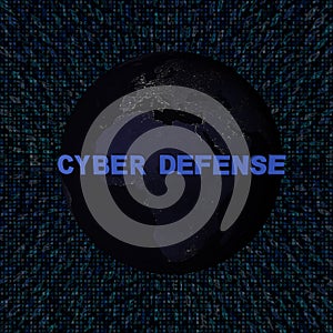 Cyber Defense text with earth by night and blue hex code illustration