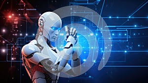 Cyber digital world android robot pointing finger, Technology artificial intelligence automated, Digital world technology