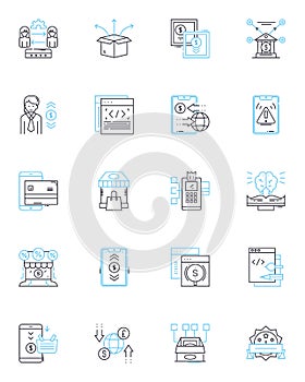 Cyber economy linear icons set. Digital, Blockchain, Cryptocurrency, E-commerce, Cybersecurity, Tech-based, Automation photo