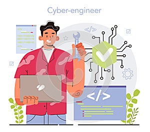 Cyber engineering concept. Robotics' constructing developing and setting