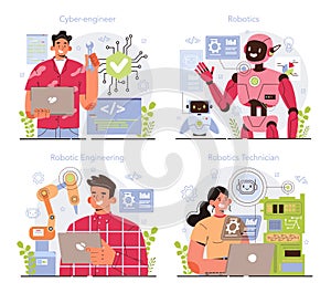 Cyber engineering concept set. Robotics constructing developing