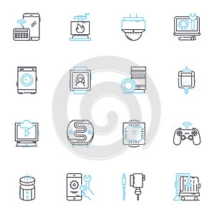 Cyber equipment linear icons set. Firewall, Encryption, Antivirus, Router, Switch, Hub, Modem line vector and concept