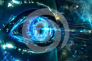 Cyber eye emitting blue laser of cybernetic data flow