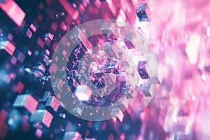 A cyber-fantasy 3D background where hexagonal patterns shift and distort like a glitching digital photo