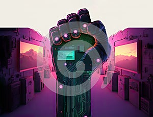 Cyber fist hand with microchips and microcircuitry on neon glowing data center servers racks
