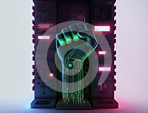 Cyber fist hand with microchips and microcircuitry on neon glowing data center servers racks