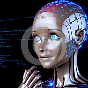 Cyber Girl humanoid robot with artificial intelligence – Digital 3D Illustration on black background