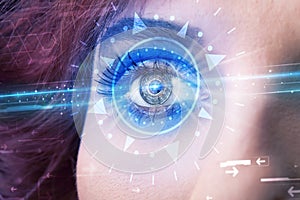 Cyber girl with technolgy eye looking into blue iris