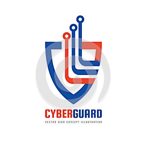 Cyber guard - vector logo template concept illustration. Shield and electronic computer chip creative sign. Protection antivirus.