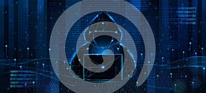 Cyber hacker. Spy anonymous. Fraud security. Laptop silhouette. Computer web technology concept. Data password. Binary
