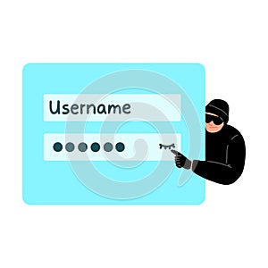 Cyber hacker thief stealing personal data information and password. Vector illustration in flat cartoon style.