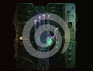Cyber hand with microchips and microcircuitry on neon glowing data center servers racks background
