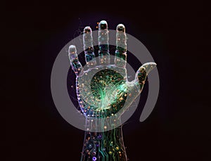 Cyber hand with microchips and microcircuitry neon glowing, reliable computer service