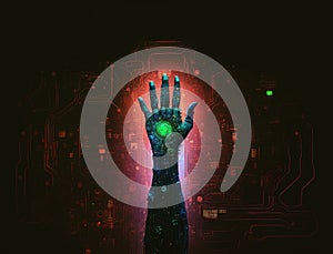 Cyber hand with microchips and microcircuitry neon glowing, reliable computer service