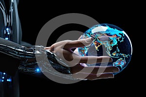Cyber Hand Planet Earth Robot Hand Holding Planet Earth Ai Technology photo