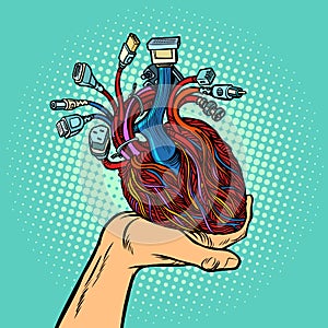 Cyber heart in human hand